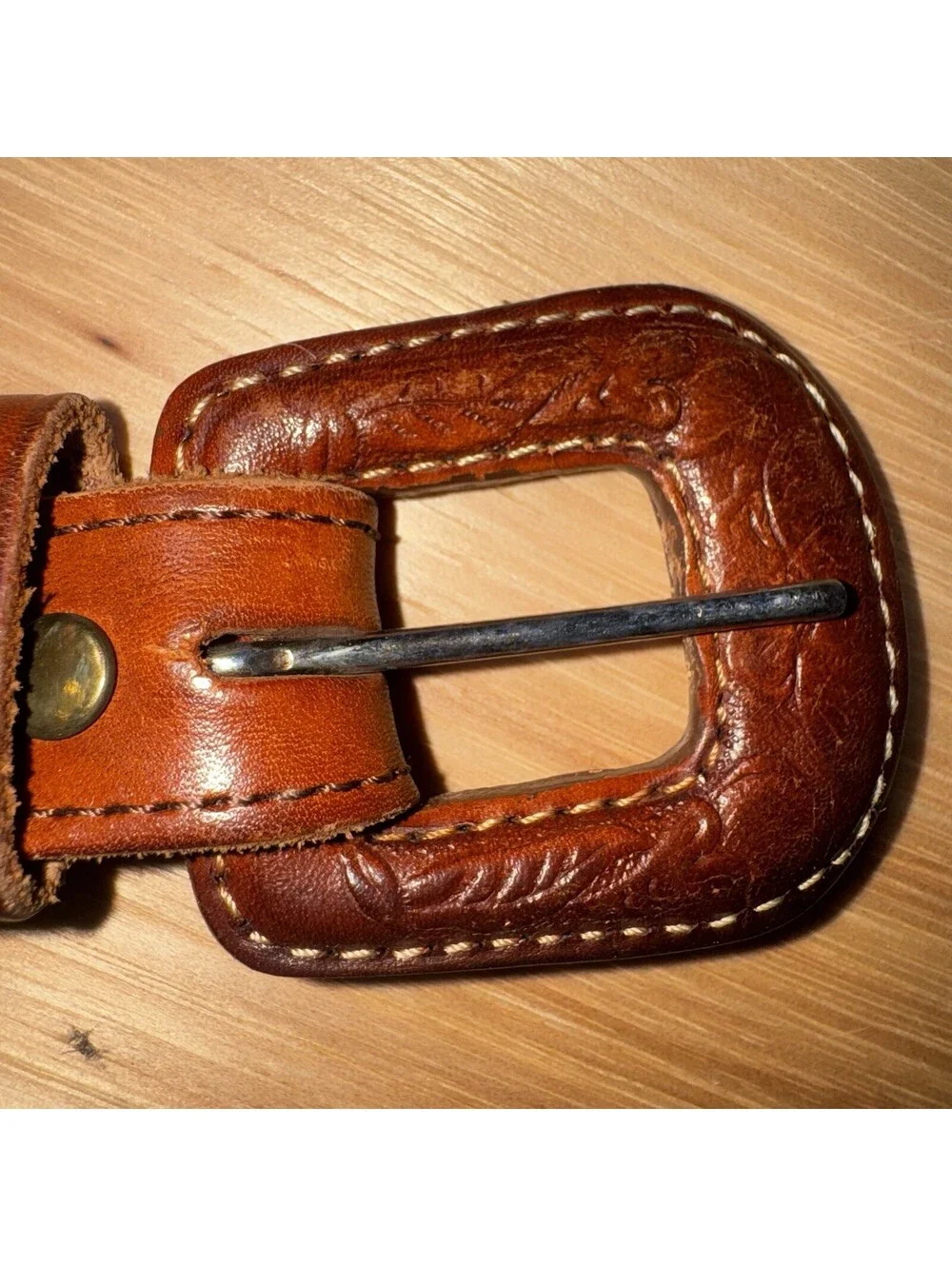 Vintage Leegin Braided Leather Belt Western Tooled Buckle Brown Size L 35”